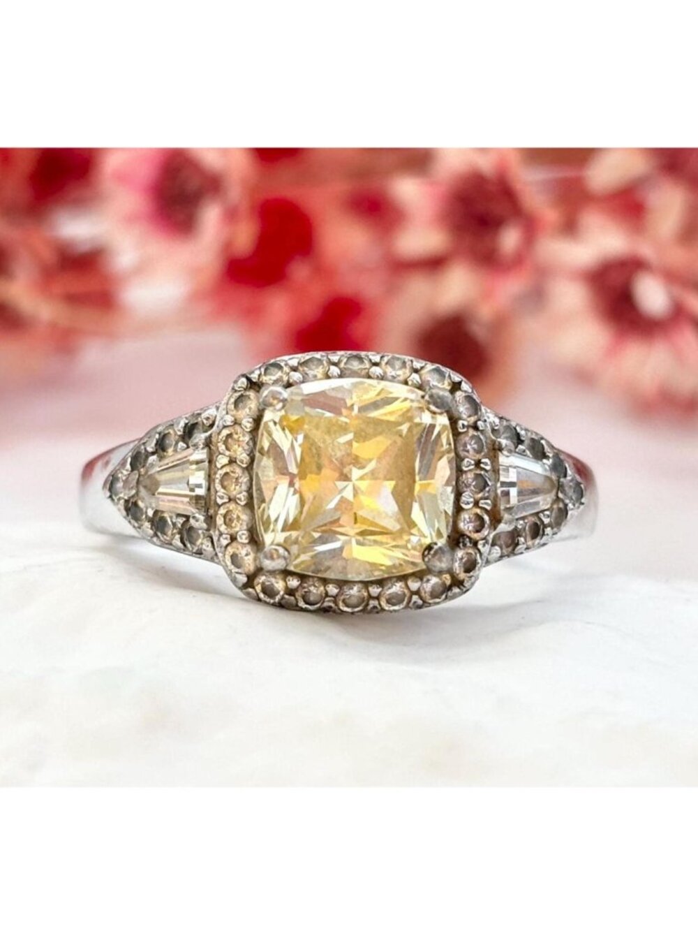 Citrine Accented Cushion Cut CZ Sterling Silver 925 Vintage Ring - sz 9.25